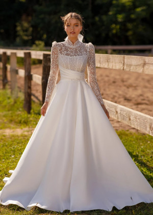 Ivory Satin Lace Buttons Back Unique Wedding Dress